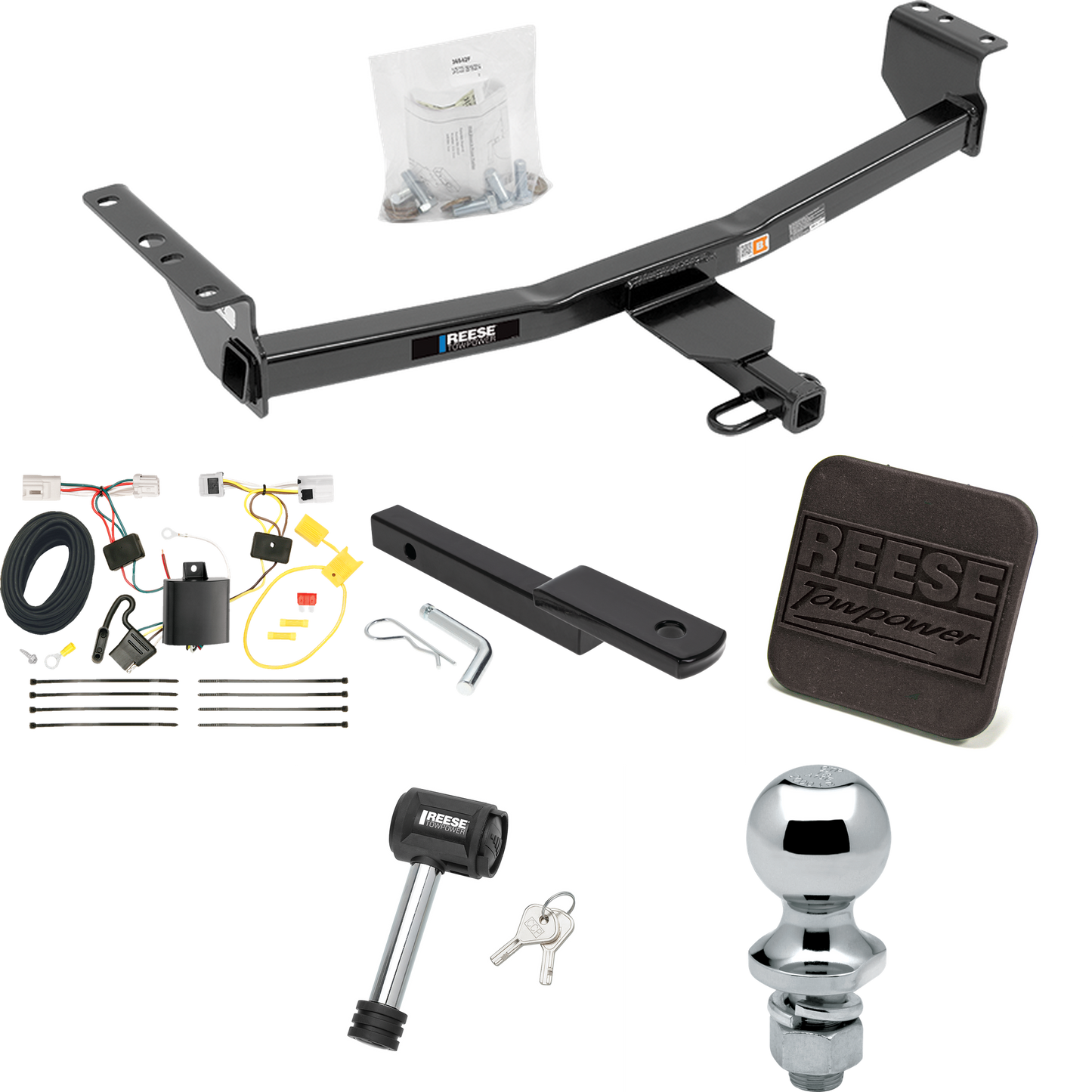 Fits 2014-2023 Nissan Rogue Trailer Hitch Tow PKG w/ 4-Flat Wiring Harness + Draw-Bar + 1-7/8" Ball + Hitch Cover + Hitch Lock (Excludes: Sport Models) By Reese Towpower