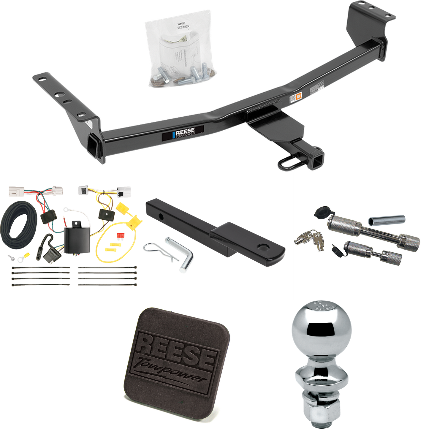 Fits 2008-2013 Nissan Rogue Trailer Hitch Tow PKG w/ 4-Flat Wiring Harness + Draw-Bar + 2" Ball + Hitch Cover + Dual Hitch & Coupler Locks (Excludes: Krom Models) By Reese Towpower