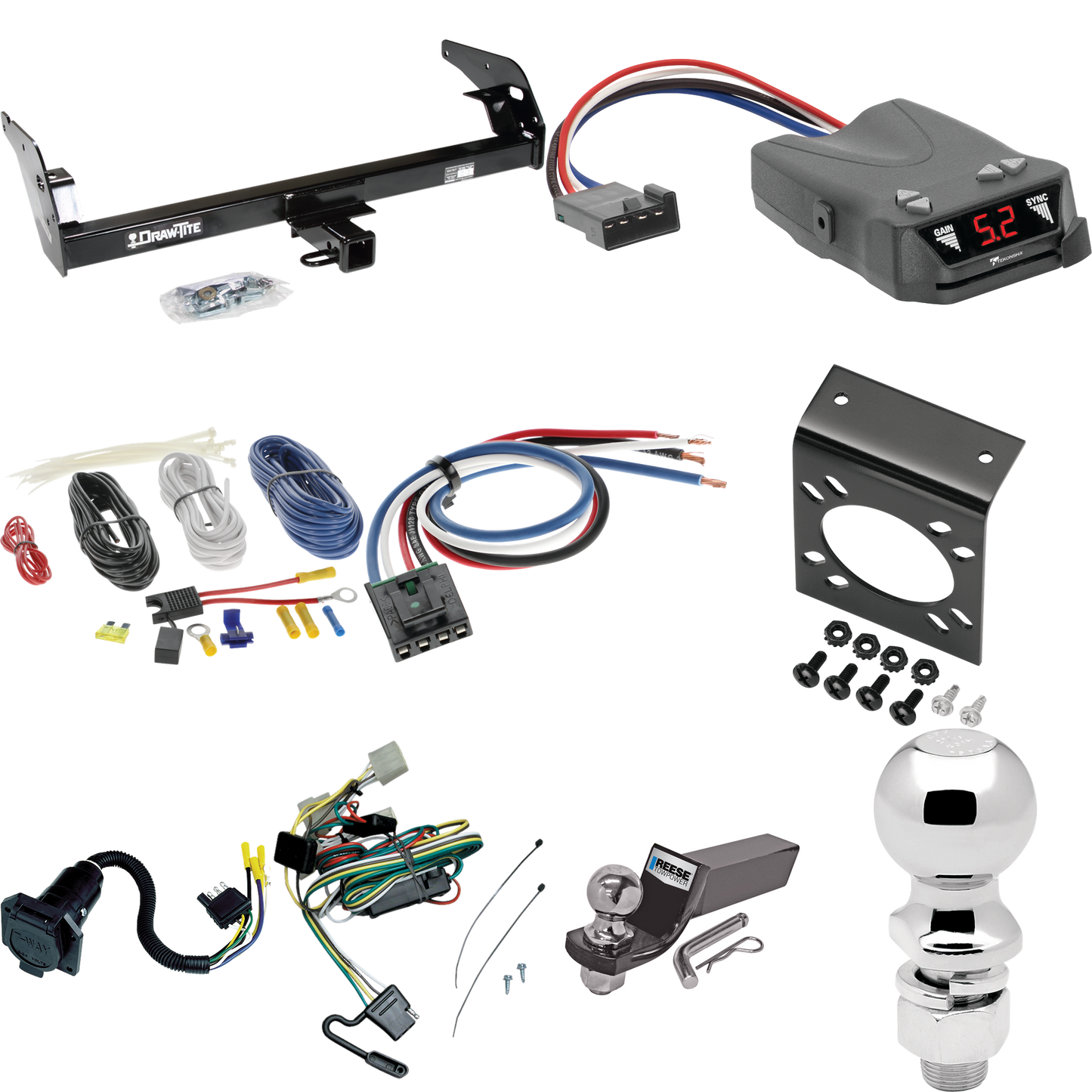 Fits 1995-2004 Toyota Tacoma Trailer Hitch Tow PKG w/ Tekonsha Brakeman IV Brake Control + Generic BC Wiring Adapter + 7-Way RV Wiring + 2" & 2-5/16" Ball & Drop Mount (For (App. starts 1995-1/2) Models) By Draw-Tite