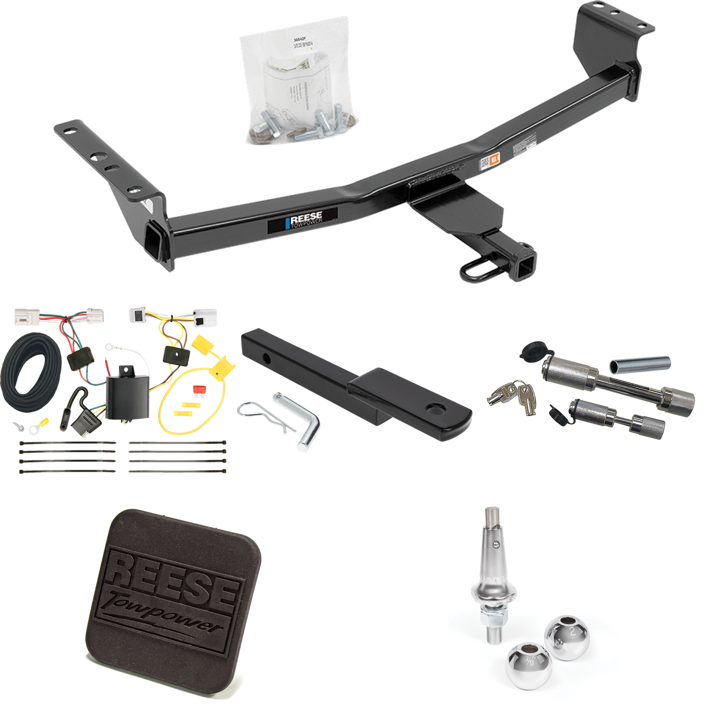 Fits 2008-2013 Nissan Rogue Trailer Hitch Tow PKG w/ 4-Flat Wiring Harness + Draw-Bar + Interchangeable 1-7/8" & 2" Balls + Hitch Cover + Dual Hitch & Coupler Locks (Excludes: Krom Models) By Reese Towpower