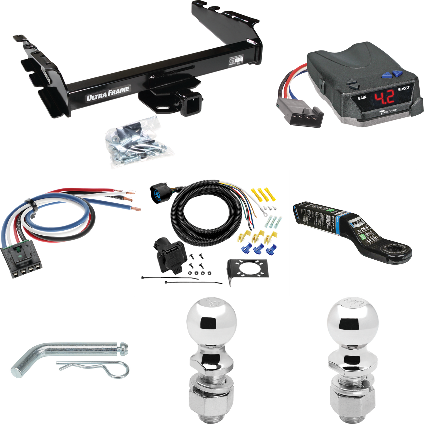 Fits 1994-1994 Dodge Ram 2500 Trailer Hitch Tow PKG w/ Tekonsha BRAKE-EVN Brake Control + Generic BC Wiring Adapter + 7-Way RV Wiring + 2" & 2-5/16" Ball & Drop Mount By Draw-Tite