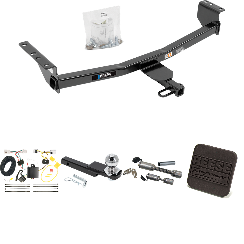 Fits 2014-2014 Nissan Rogue Select Trailer Hitch Tow PKG w/ 4-Flat Wiring Harness + Interlock Starter Kit w/ 2" Ball 1-1/4" Drop 3/4" Rise + Hitch Cover + Dual Hitch & Coupler Locks By Reese Towpower