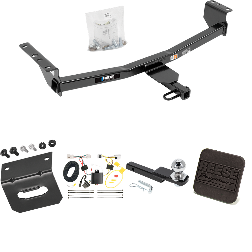 Fits 2014-2023 Nissan Rogue Trailer Hitch Tow PKG w/ 4-Flat Wiring Harness + Interlock Starter Kit w/ 2" Ball 1-1/4" Drop 3/4" Rise + Wiring Bracket + Hitch Cover (Excludes: Sport Models) By Reese Towpower