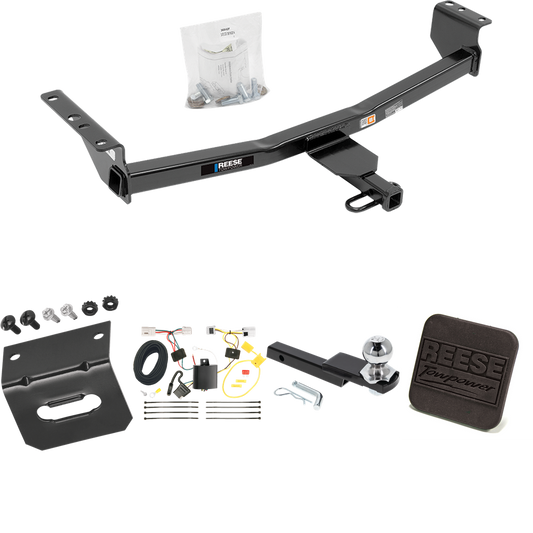 Fits 2014-2023 Nissan Rogue Trailer Hitch Tow PKG w/ 4-Flat Wiring Harness + Interlock Starter Kit w/ 2" Ball 1-1/4" Drop 3/4" Rise + Wiring Bracket + Hitch Cover (Excludes: Sport Models) By Reese Towpower