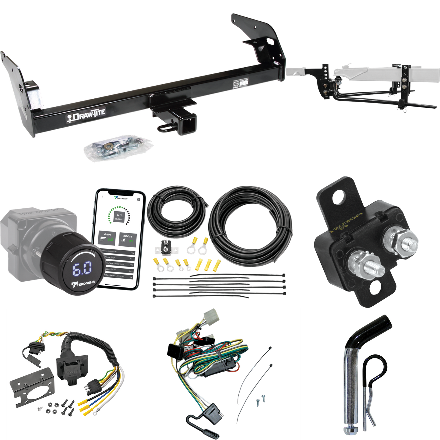 Fits 1995-2004 Toyota Tacoma Trailer Hitch Tow PKG w/ 6K Round Bar Weight Distribution Hitch w/ 2-5/16" Ball + Pin/Clip + Tekonsha Prodigy iD Bluetooth Wireless Brake Control + 7-Way RV Wiring (For (App. starts 1995-1/2) Models) By Draw-Tite