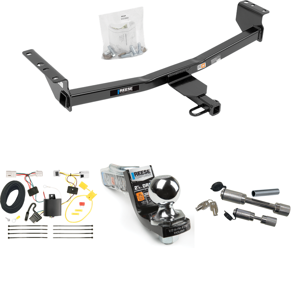 Fits 2008-2013 Nissan Rogue Trailer Hitch Tow PKG w/ 4-Flat Wiring Harness + Interlock Starter Kit w/ 2" Ball 2-1/2" Drop 2" Rise + Dual Hitch & Coupler Locks (Excludes: Krom Models) By Reese Towpower