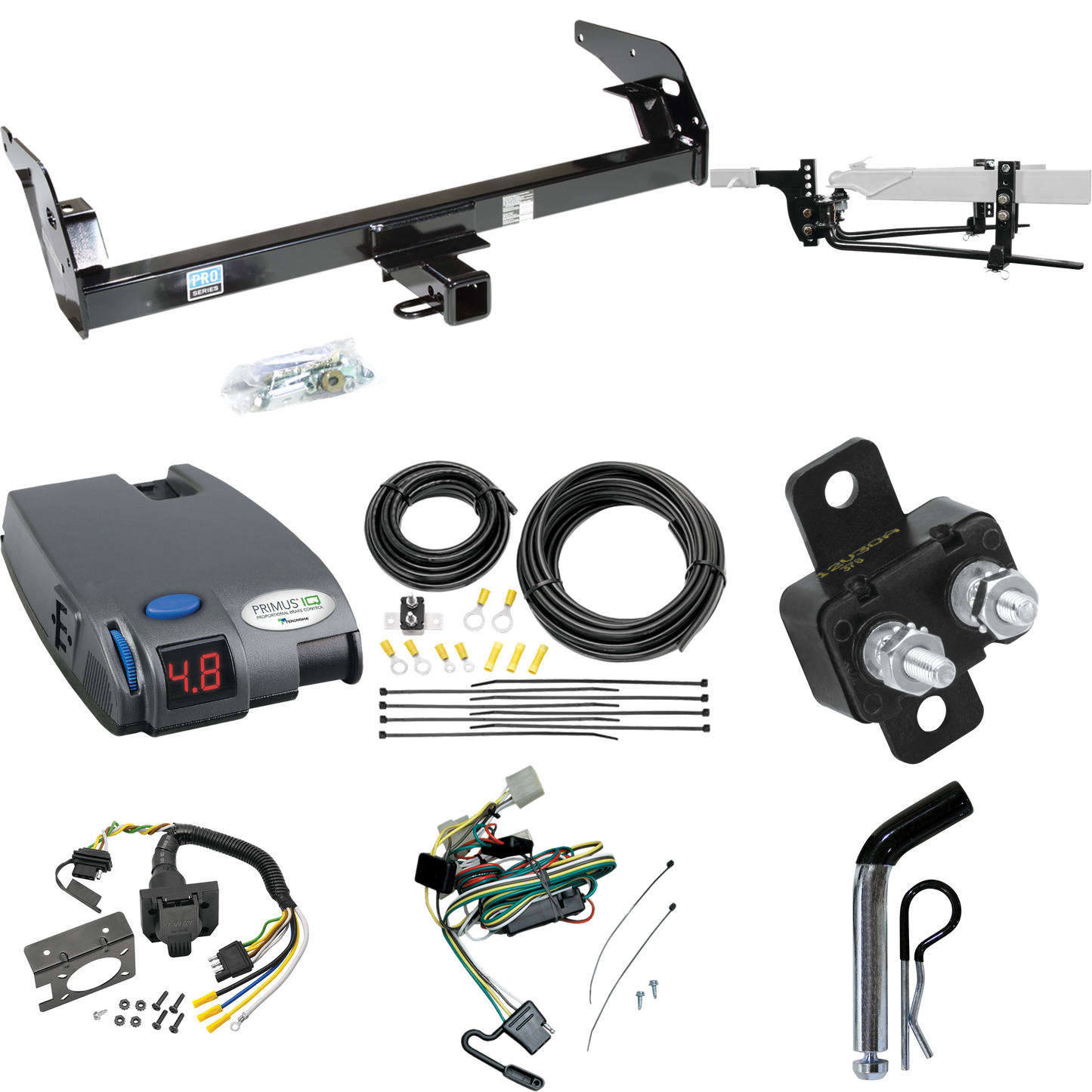 Fits 1995-2004 Toyota Tacoma Trailer Hitch Tow PKG w/ 6K Round Bar Weight Distribution Hitch w/ 2-5/16" Ball + Pin/Clip + Tekonsha Primus IQ Brake Control + 7-Way RV Wiring (For (App. starts 1995-1/2) Models) By Reese Towpower