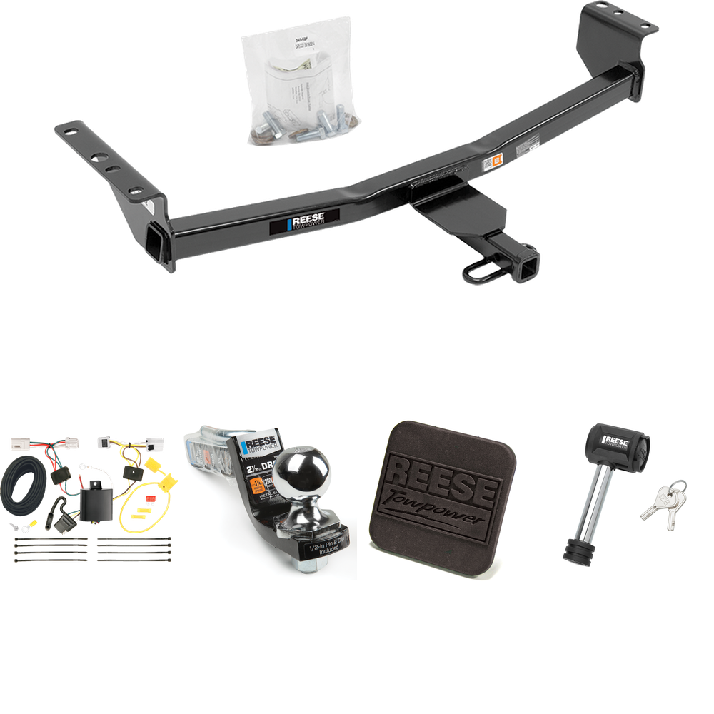 Fits 2014-2023 Nissan Rogue Trailer Hitch Tow PKG w/ 4-Flat Wiring Harness + Interlock Starter Kit w/ 2" Ball 2-1/2" Drop 2" Rise + Hitch Cover + Hitch Lock (Excludes: Sport Models) By Reese Towpower