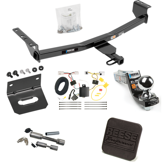 Fits 2008-2013 Nissan Rogue Trailer Hitch Tow PKG w/ 4-Flat Wiring Harness + Interlock Starter Kit w/ 2" Ball 2-1/2" Drop 2" Rise + Wiring Bracket + Hitch Cover + Dual Hitch & Coupler Locks (Excludes: Krom Models) By Reese Towpower