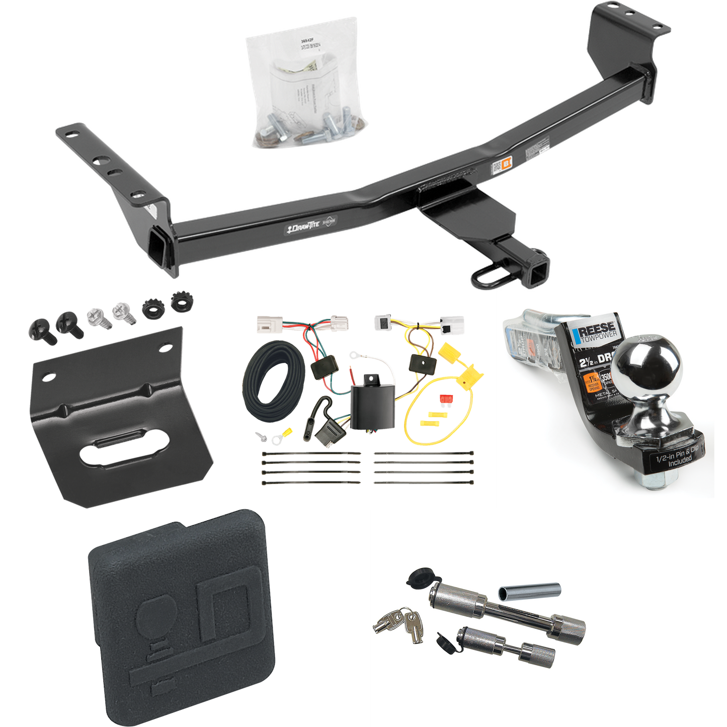 Fits 2014-2014 Nissan Rogue Select Trailer Hitch Tow PKG w/ 4-Flat Wiring Harness + Interlock Starter Kit w/ 2" Ball 2-1/2" Drop 2" Rise + Wiring Bracket + Hitch Cover + Dual Hitch & Coupler Locks By Draw-Tite