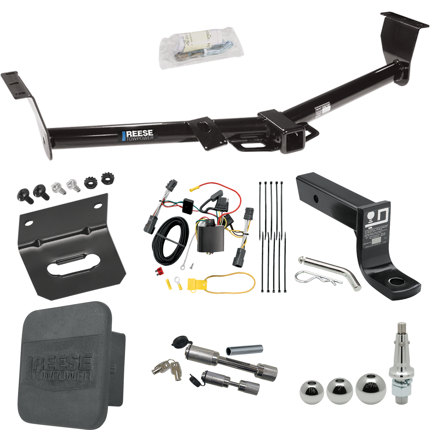 Fits 2007-2009 Hyundai Entourage Trailer Hitch Tow PKG w/ 4-Flat Wiring + Ball Mount w/ 4" Drop + Interchangeable Ball 1-7/8" & 2" & 2-5/16" + Wiring Bracket + Dual Hitch & Coupler Locks + Hitch Cover By Reese Towpower