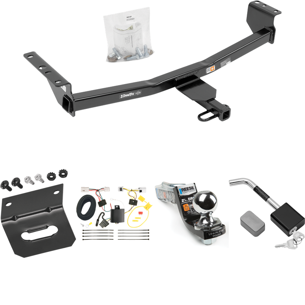 Fits 2008-2013 Nissan Rogue Trailer Hitch Tow PKG w/ 4-Flat Wiring Harness + Interlock Starter Kit w/ 2" Ball 2-1/2" Drop 2" Rise + Wiring Bracket + Hitch Lock (Excludes: Krom Models) By Draw-Tite