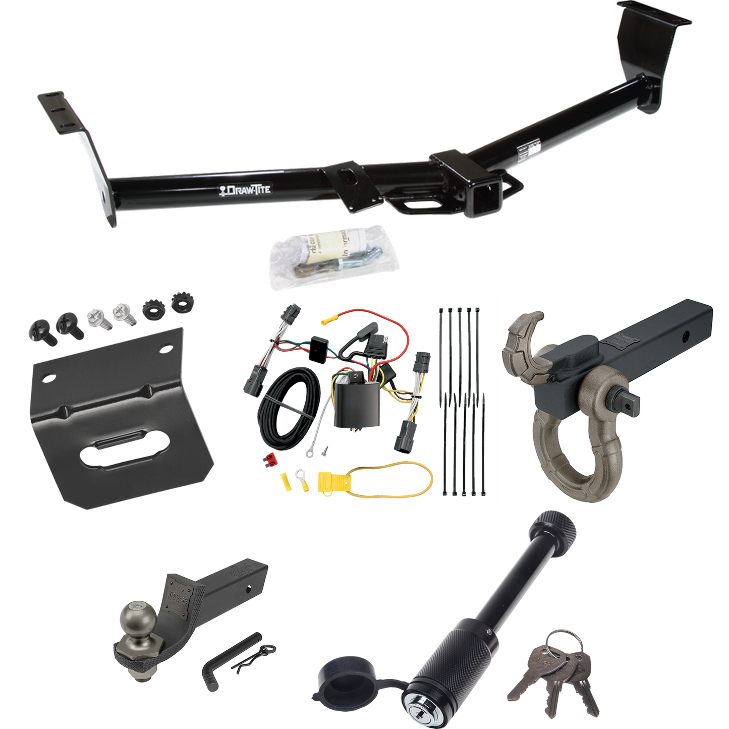 Fits 2007-2009 Hyundai Entourage Trailer Hitch Tow PKG w/ 4-Flat Wiring + Interlock Tactical Starter Kit w/ 2" Drop & 2" Ball + Tactical Hook & Shackle Mount + Tactical Dogbone Lock + Wiring Bracket By Draw-Tite