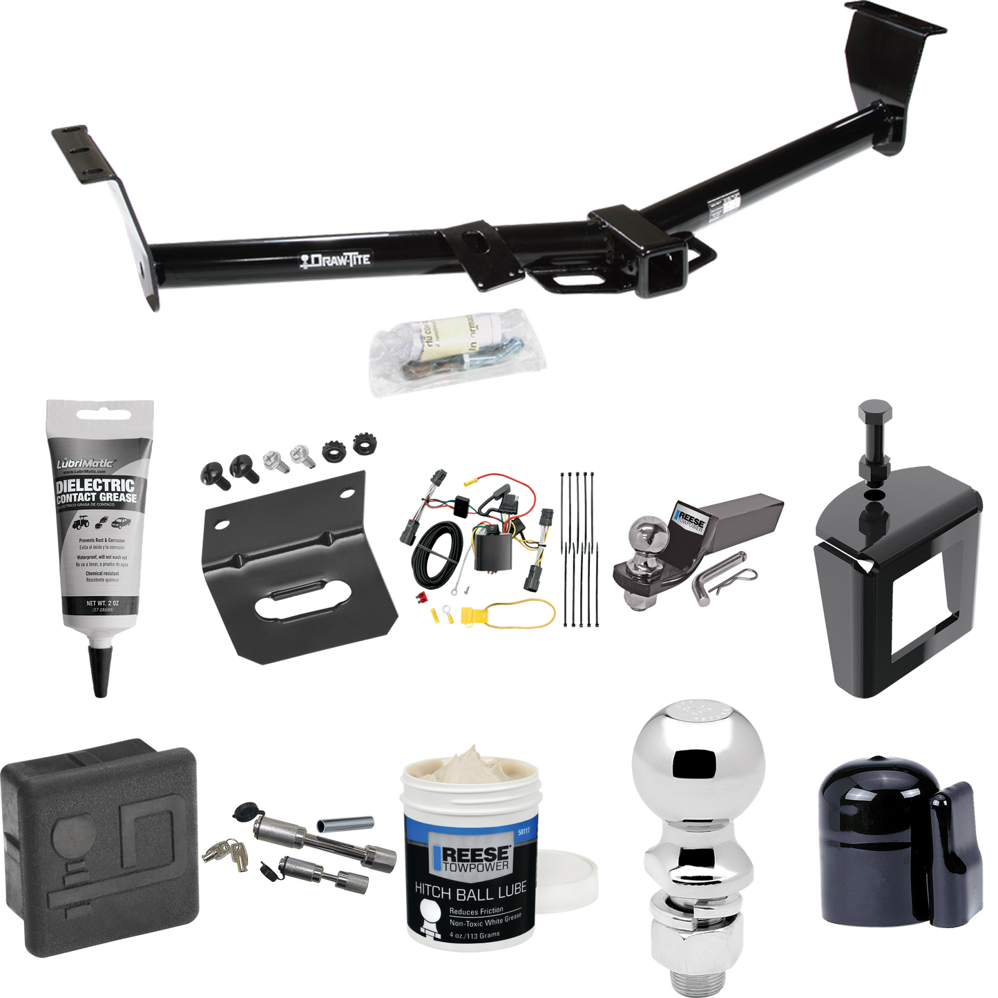 Fits 2014-2014 KIA Sedona Trailer Hitch Tow PKG w/ 4-Flat Wiring + Starter Kit Ball Mount w/ 2" Drop & 2" Ball + 2-5/16" Ball + Wiring Bracket + Dual Hitch & Coupler Locks + Hitch Cover + Wiring Tester + Ball Lube +Electric Grease + Ball Wrench + Ant