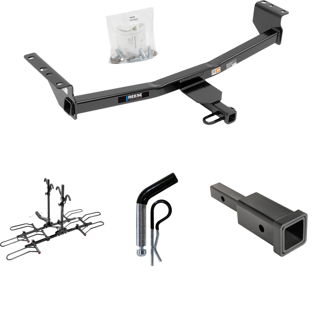 Fits 2008-2013 Nissan Rogue Trailer Hitch Tow PKG w/ Hitch Adapter 1-1/4" to 2" Receiver + 1/2" Pin & Clip + 4 Bike Carrier Platform Rack (Excludes: Krom Models) By Reese Towpower