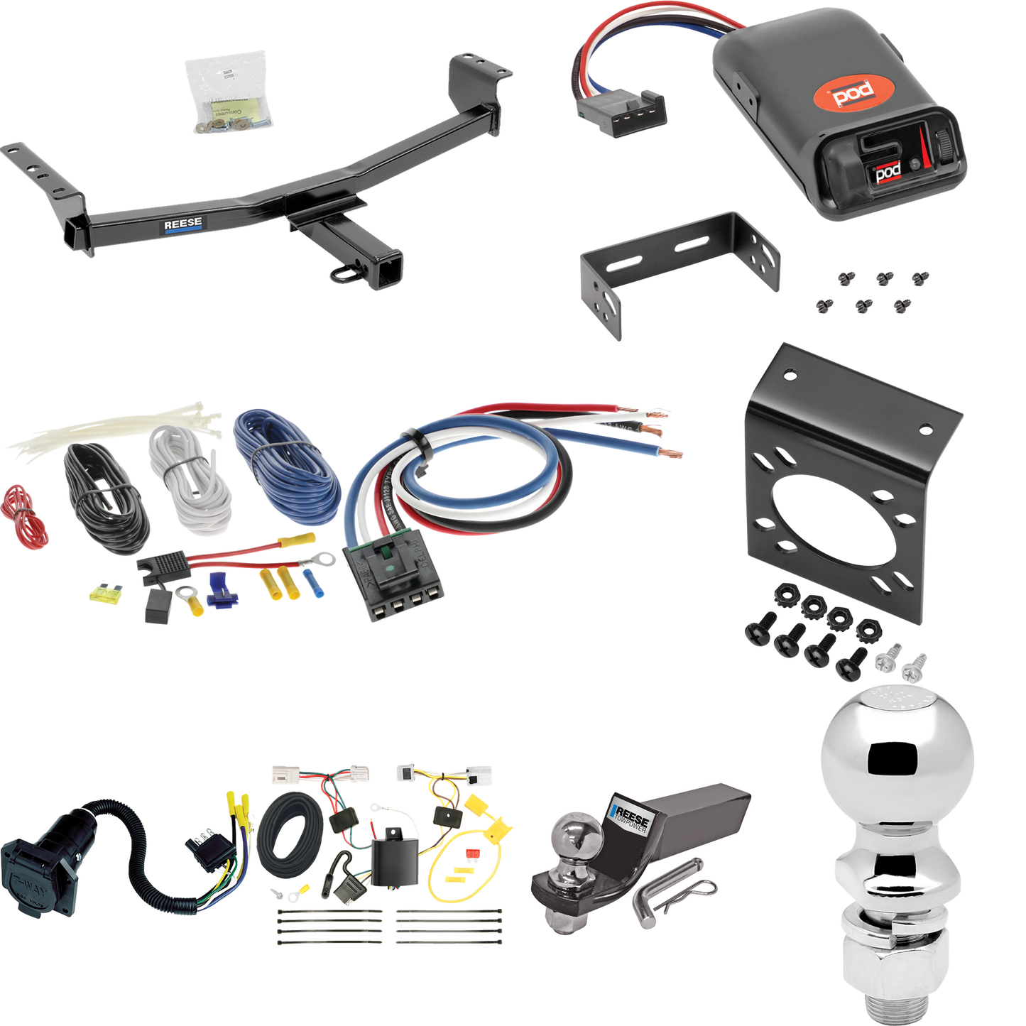 Fits 2014-2020 Nissan Rogue Trailer Hitch Tow PKG w/ Pro Series POD Brake Control + Generic BC Wiring Adapter + 7-Way RV Wiring + 2" & 2-5/16" Ball & Drop Mount (Excludes: Sport Models) By Reese Towpower