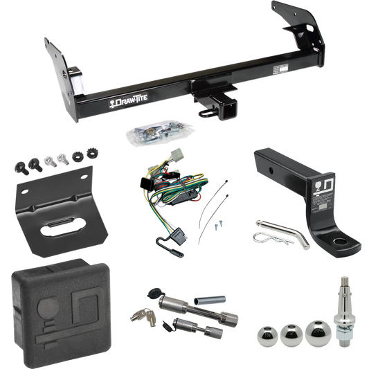 Fits 1995-2004 Toyota Tacoma Trailer Hitch Tow PKG w/ 4-Flat Wiring + Ball Mount w/ 4" Drop + Interchangeable Ball 1-7/8" & 2" & 2-5/16" + Wiring Bracket + Dual Hitch & Coupler Locks + Hitch Cover (For (App. starts 1995-1/2) Models) By Draw-Tite