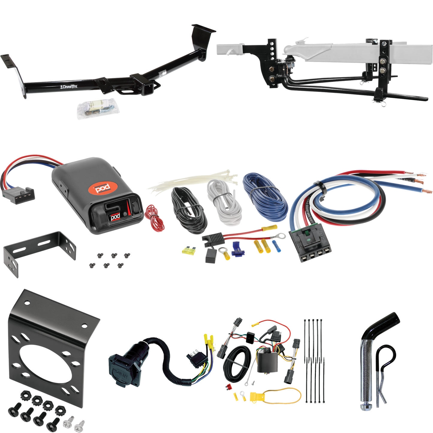 Fits 2007-2009 Hyundai Entourage Trailer Hitch Tow PKG w/ 6K Round Bar Weight Distribution Hitch w/ 2-5/16" Ball + Pin/Clip + Pro Series POD Brake Control + Generic BC Wiring Adapter + 7-Way RV Wiring By Draw-Tite