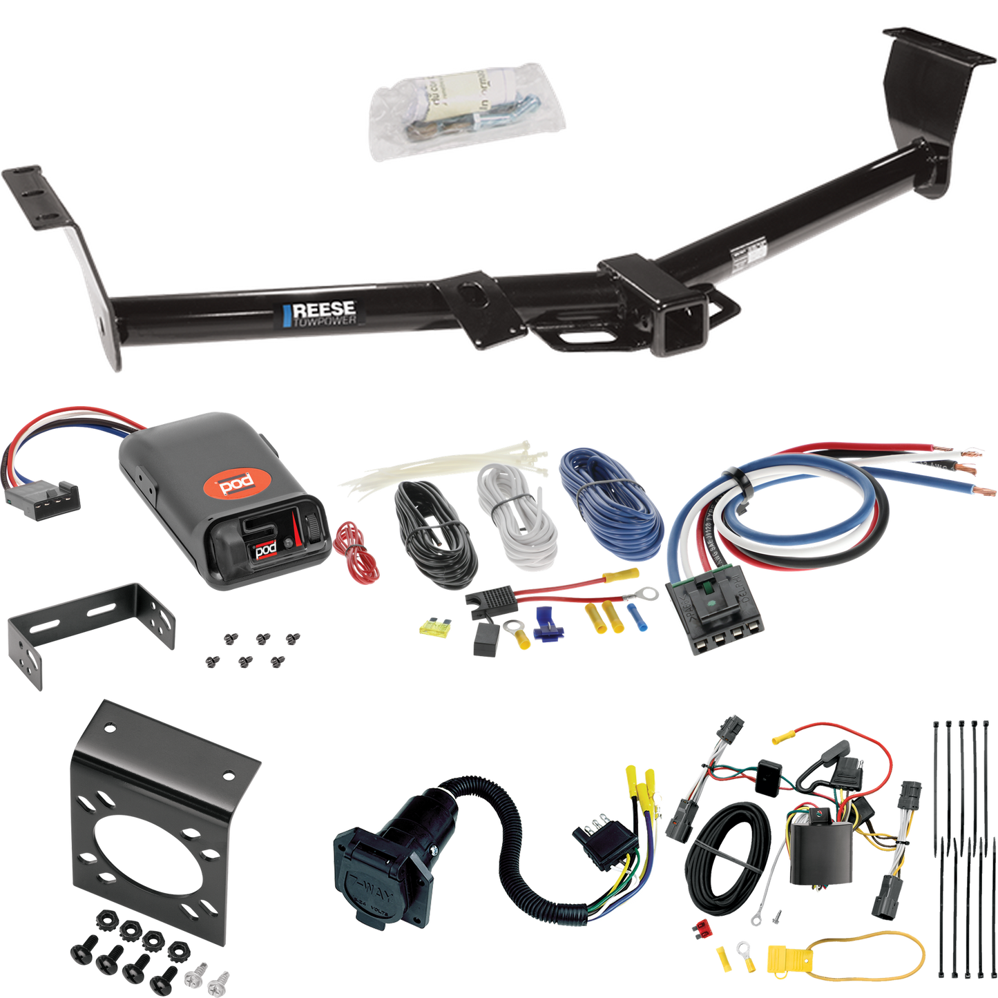 Fits 2007-2009 Hyundai Entourage Trailer Hitch Tow PKG w/ Pro Series POD Brake Control + Generic BC Wiring Adapter + 7-Way RV Wiring By Reese Towpower