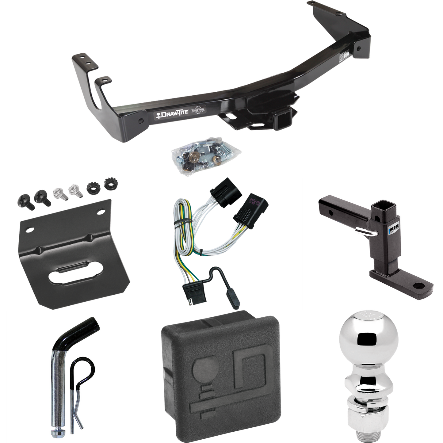 Fits 2001-2003 Dodge Ram 1500 Van Trailer Hitch Tow PKG w/ 4-Flat Wiring + Adjustable Drop Rise Ball Mount + Pin/Clip + 2-5/16" Ball + Wiring Bracket + Hitch Cover (Excludes: w/Factory Step Bumper Models) By Draw-Tite