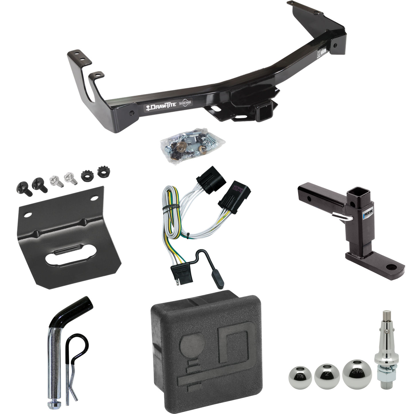 Fits 2001-2003 Dodge Ram 2500 Van Trailer Hitch Tow PKG w/ 4-Flat Wiring + Adjustable Drop Rise Ball Mount + Pin/Clip + Inerchangeable 1-7/8" & 2" & 2-5/16" Balls + Wiring Bracket + Hitch Cover (Excludes: w/Factory Step Bumper Models) By Draw-Tite