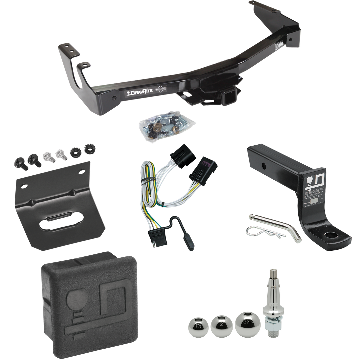 Fits 2001-2003 Dodge Ram 2500 Van Trailer Hitch Tow PKG w/ 4-Flat Wiring + Ball Mount w/ 4" Drop + Interchangeable Ball 1-7/8" & 2" & 2-5/16" + Wiring Bracket + Hitch Cover (Excludes: w/Factory Step Bumper Models) By Draw-Tite