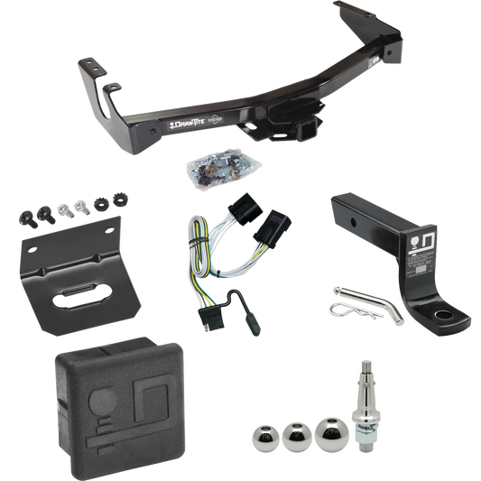 Fits 2001-2003 Dodge Ram 2500 Van Trailer Hitch Tow PKG w/ 4-Flat Wiring + Ball Mount w/ 4" Drop + Interchangeable Ball 1-7/8" & 2" & 2-5/16" + Wiring Bracket + Hitch Cover (Excludes: w/Factory Step Bumper Models) By Draw-Tite