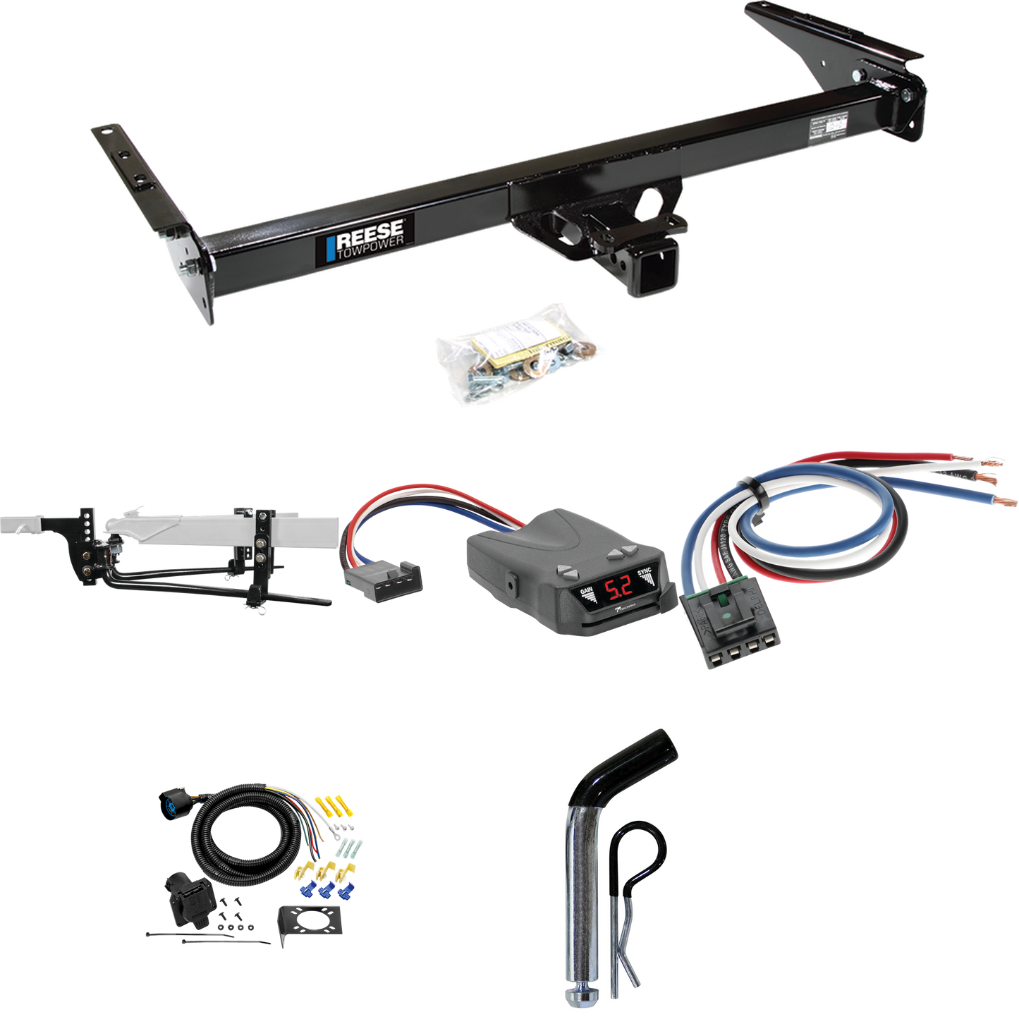 Fits 1993-1998 Toyota T100 Trailer Hitch Tow PKG w/ 8K Round Bar Weight Distribution Hitch w/ 2-5/16" Ball + Pin/Clip + Tekonsha Brakeman IV Brake Control + Generic BC Wiring Adapter + 7-Way RV Wiring By Reese Towpower