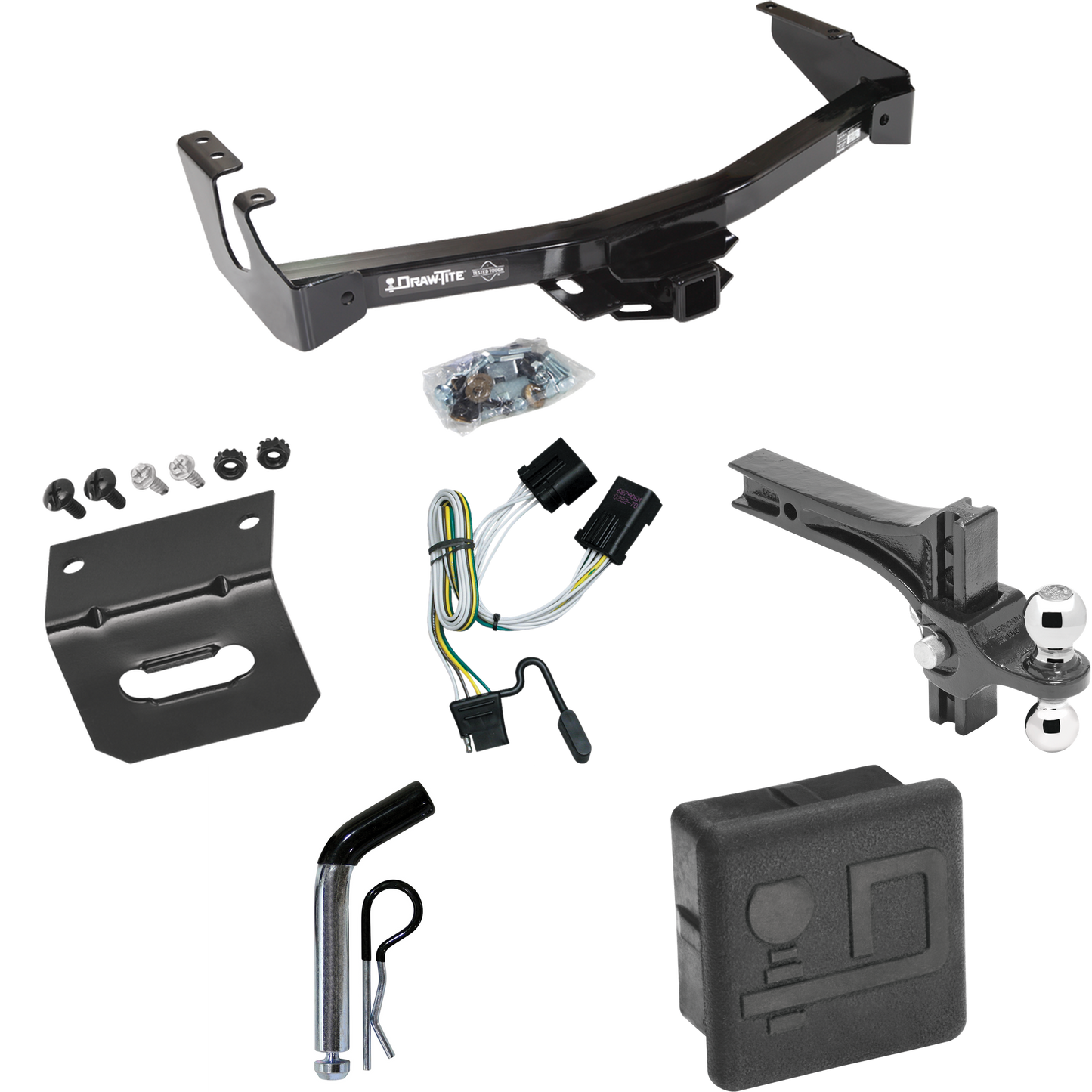 Fits 2001-2003 Dodge Ram 1500 Van Trailer Hitch Tow PKG w/ 4-Flat Wiring + Dual Adjustable Drop Rise Ball Ball Mount 2" & 2-5/16" Trailer Balls + Pin/Clip + Wiring Bracket + Hitch Cover (Excludes: w/Factory Step Bumper Models) By Draw-Tite