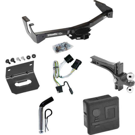 Fits 2001-2003 Dodge Ram 1500 Van Trailer Hitch Tow PKG w/ 4-Flat Wiring + Dual Adjustable Drop Rise Ball Ball Mount 2" & 2-5/16" Trailer Balls + Pin/Clip + Wiring Bracket + Hitch Cover (Excludes: w/Factory Step Bumper Models) By Draw-Tite