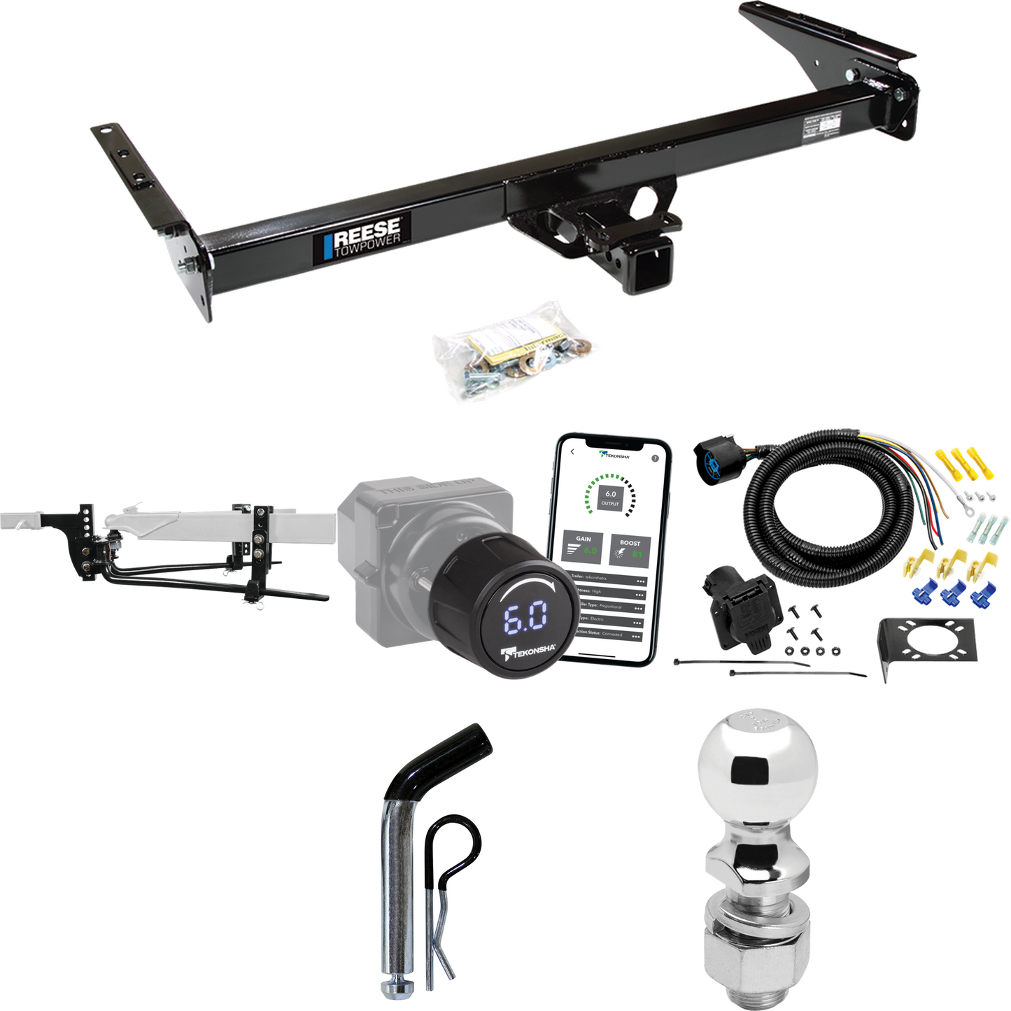 Fits 1993-1998 Toyota T100 Trailer Hitch Tow PKG w/ 8K Round Bar Weight Distribution Hitch w/ 2-5/16" Ball + 2" Ball + Pin/Clip + Tekonsha Prodigy iD Bluetooth Wireless Brake Control + 7-Way RV Wiring By Reese Towpower