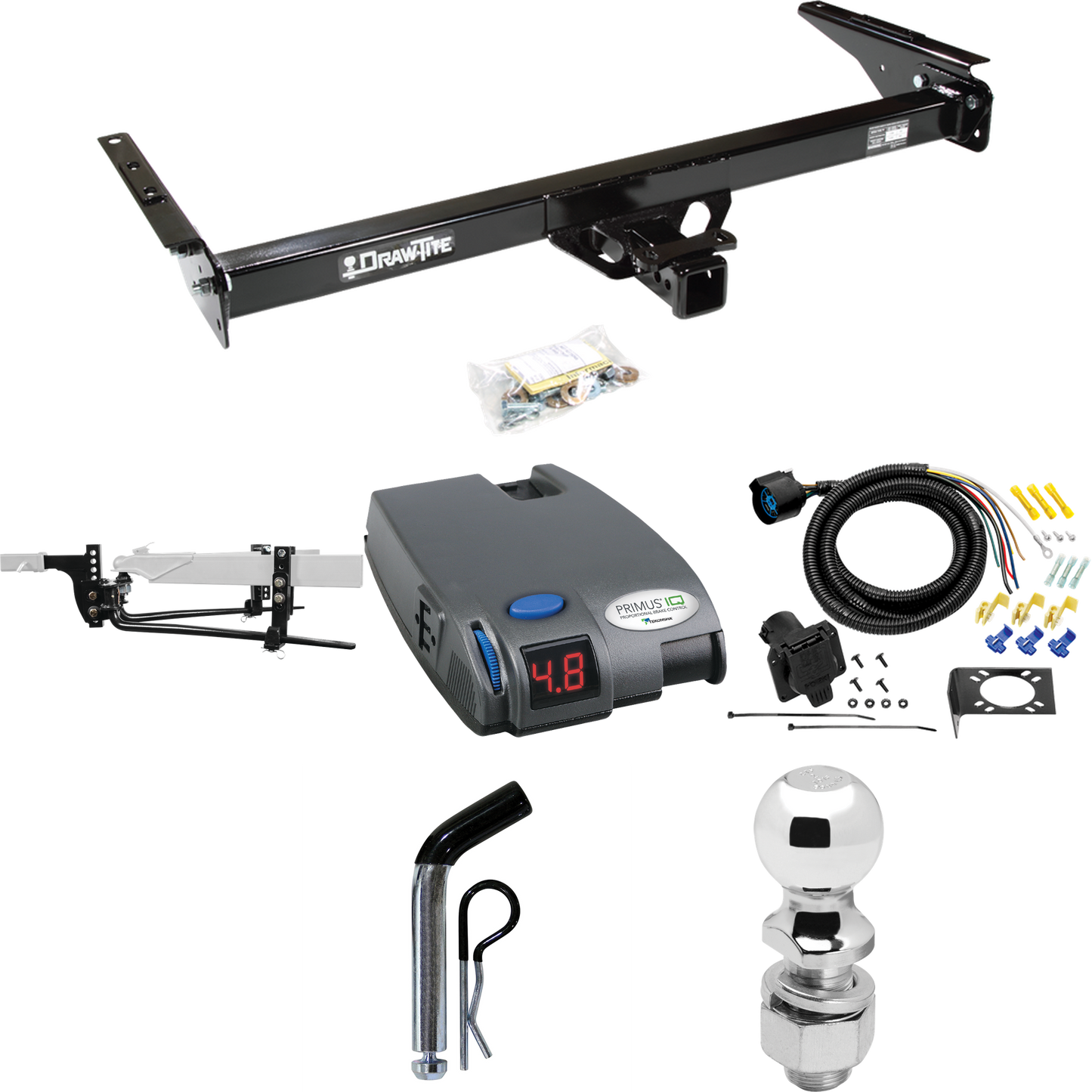 Fits 1993-1998 Toyota T100 Trailer Hitch Tow PKG w/ 8K Round Bar Weight Distribution Hitch w/ 2-5/16" Ball + 2" Ball + Pin/Clip + Tekonsha Primus IQ Brake Control + 7-Way RV Wiring By Draw-Tite