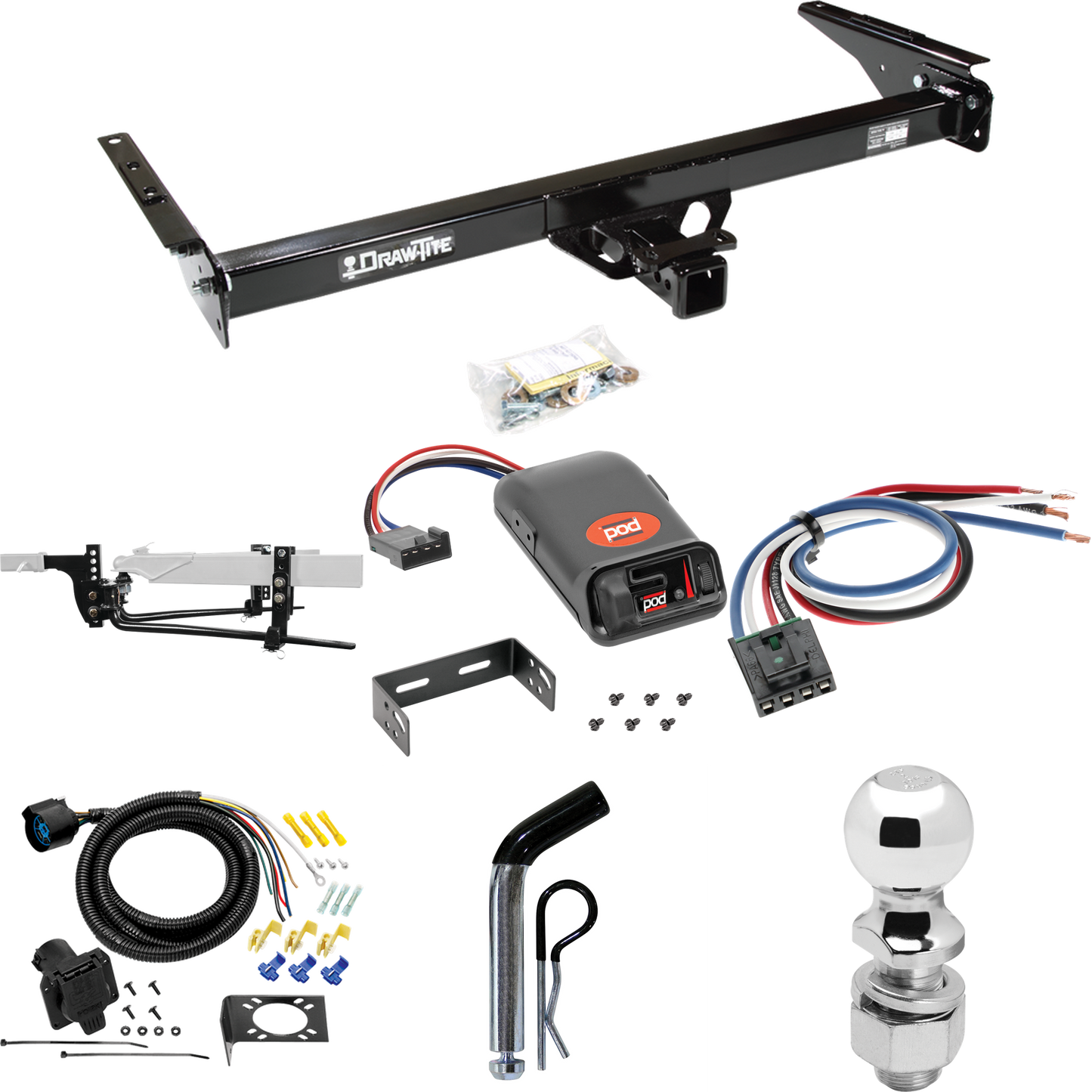 Fits 1993-1998 Toyota T100 Trailer Hitch Tow PKG w/ 8K Round Bar Weight Distribution Hitch w/ 2-5/16" Ball + 2" Ball + Pin/Clip + Pro Series POD Brake Control + Generic BC Wiring Adapter + 7-Way RV Wiring By Draw-Tite