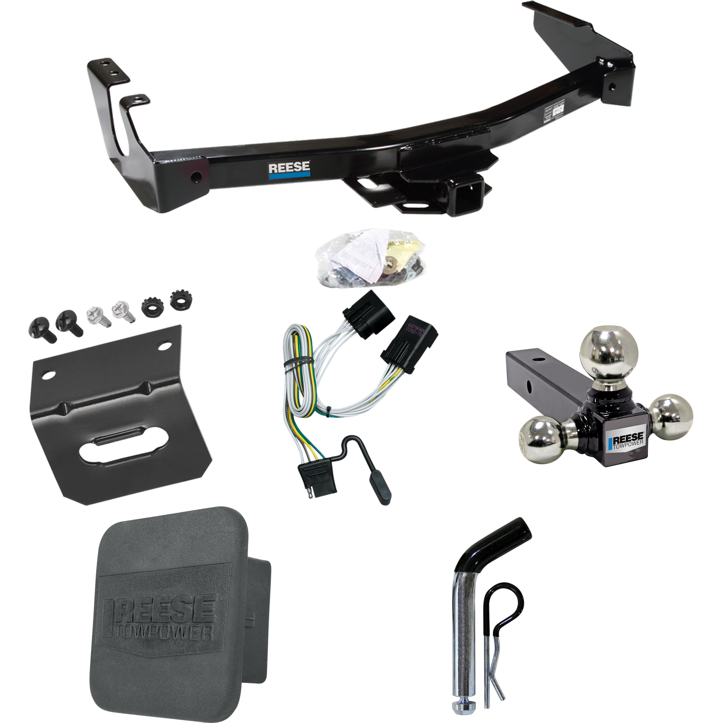 Fits 2001-2003 Dodge Ram 3500 Van Trailer Hitch Tow PKG w/ 4-Flat Wiring + Triple Ball Ball Mount 1-7/8" & 2" & 2-5/16" Trailer Balls + Pin/Clip + Wiring Bracket + Hitch Cover (Excludes: w/Factory Step Bumper Models) By Reese Towpower