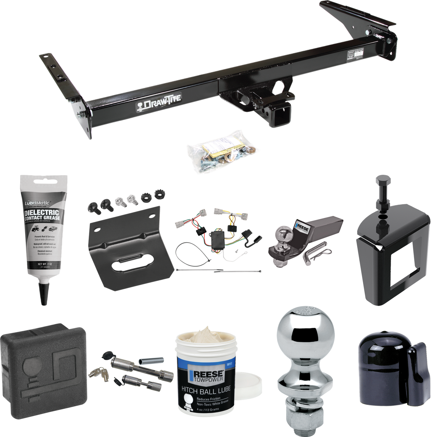 Fits 1993-1998 Toyota T100 Trailer Hitch Tow PKG w/ 4-Flat Wiring + Starter Kit Ball Mount w/ 2" Drop & 2" Ball + 1-7/8" Ball + Wiring Bracket + Dual Hitch & Coupler Locks + Hitch Cover + Wiring Tester + Ball Lube +Electric Grease + Ball Wrench + Ant