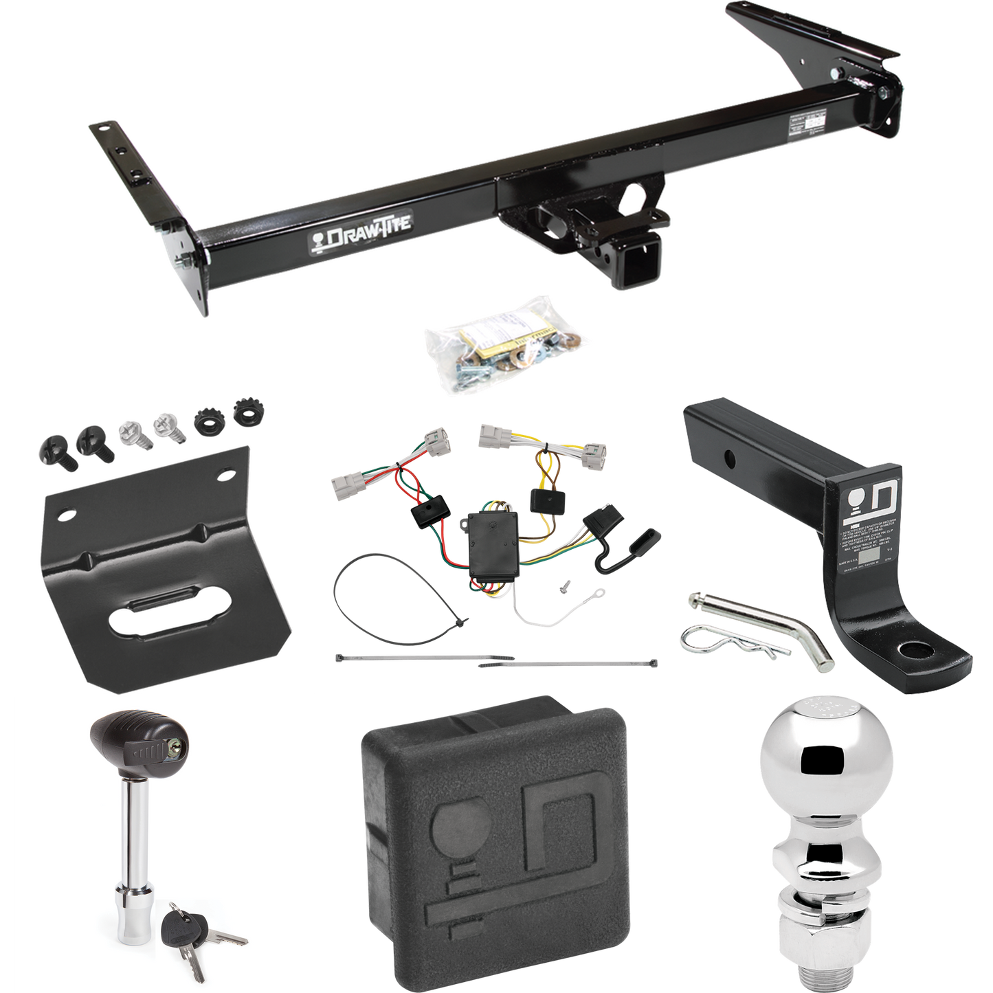 Se adapta al paquete de enganche de remolque Toyota T100 1993-1998 con cableado plano de 4 + soporte de bola con caída de 4" + bola de 2-5/16" + soporte de cableado + bloqueo de enganche + cubierta de enganche de Draw-Tite