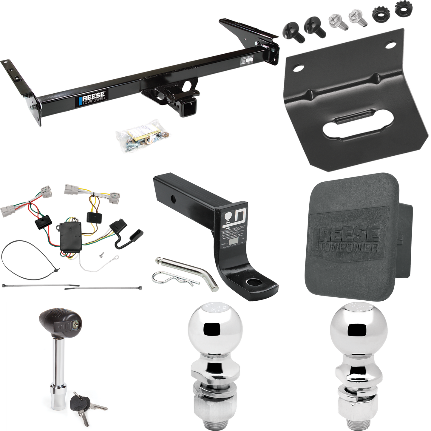 Fits 1993-1998 Toyota T100 Trailer Hitch Tow PKG w/ 4-Flat Wiring + Ball Mount w/ 4" Drop + 2" Ball + 2-5/16" Ball + Wiring Bracket + Hitch Lock + Hitch Cover By Reese Towpower