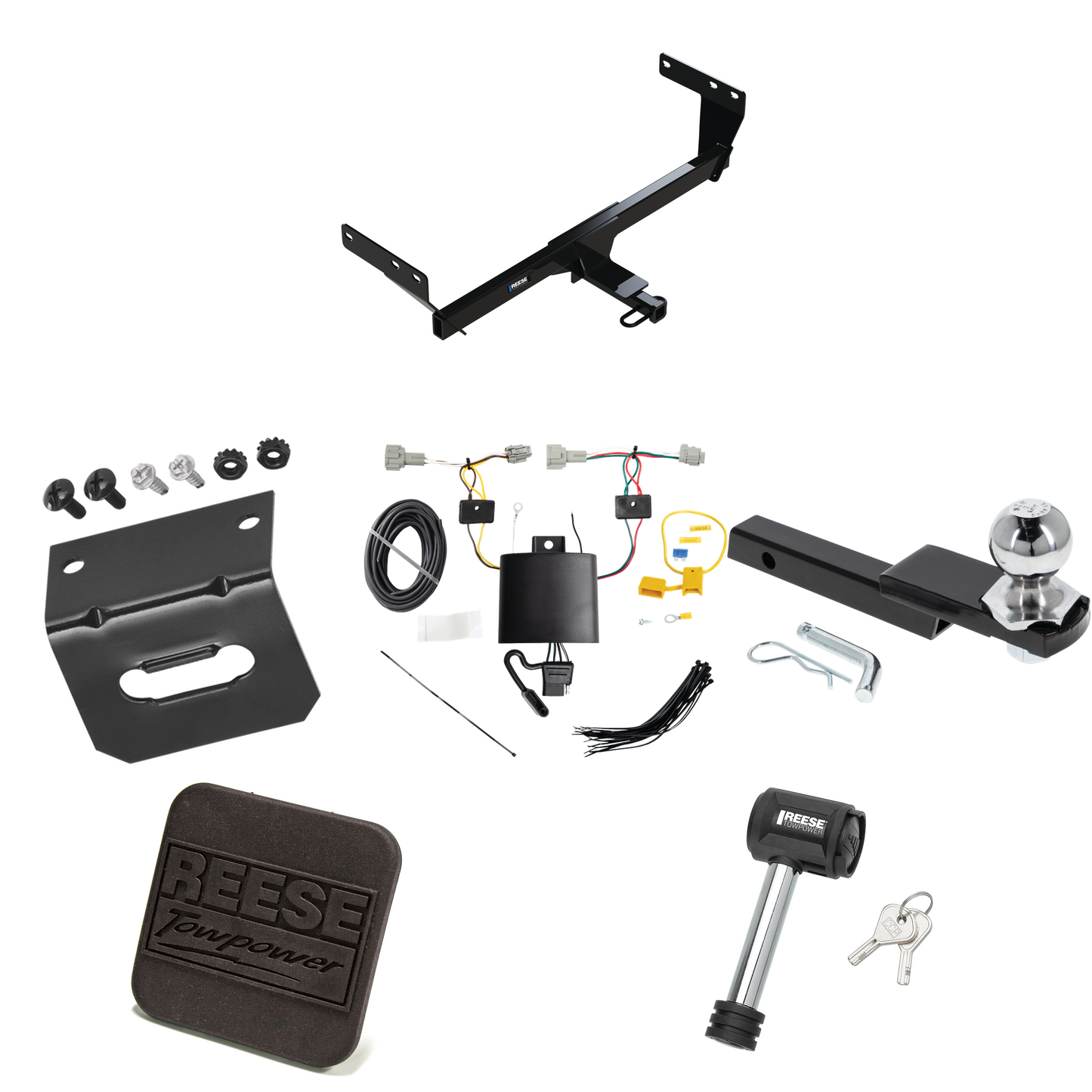 Fits 2021-2023 Nissan Rogue Trailer Hitch Tow PKG w/ 4-Flat Wiring Harness + Interlock Starter Kit w/ 2" Ball 1-1/4" Drop 3/4" Rise + Wiring Bracket + Hitch Cover + Hitch Lock By Reese Towpower