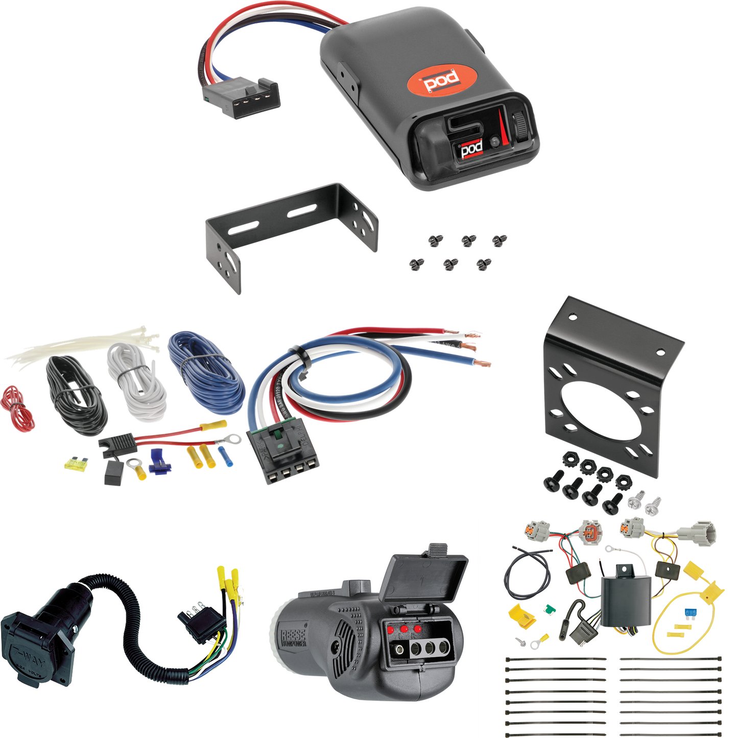 Fits 2017-2019 Nissan Rogue Sport 7-Way RV Wiring + Pro Series POD Brake Control + Generic BC Wiring Adapter + 2 in 1 Tester & 7-Way to 4-Way Adapter By Tekonsha