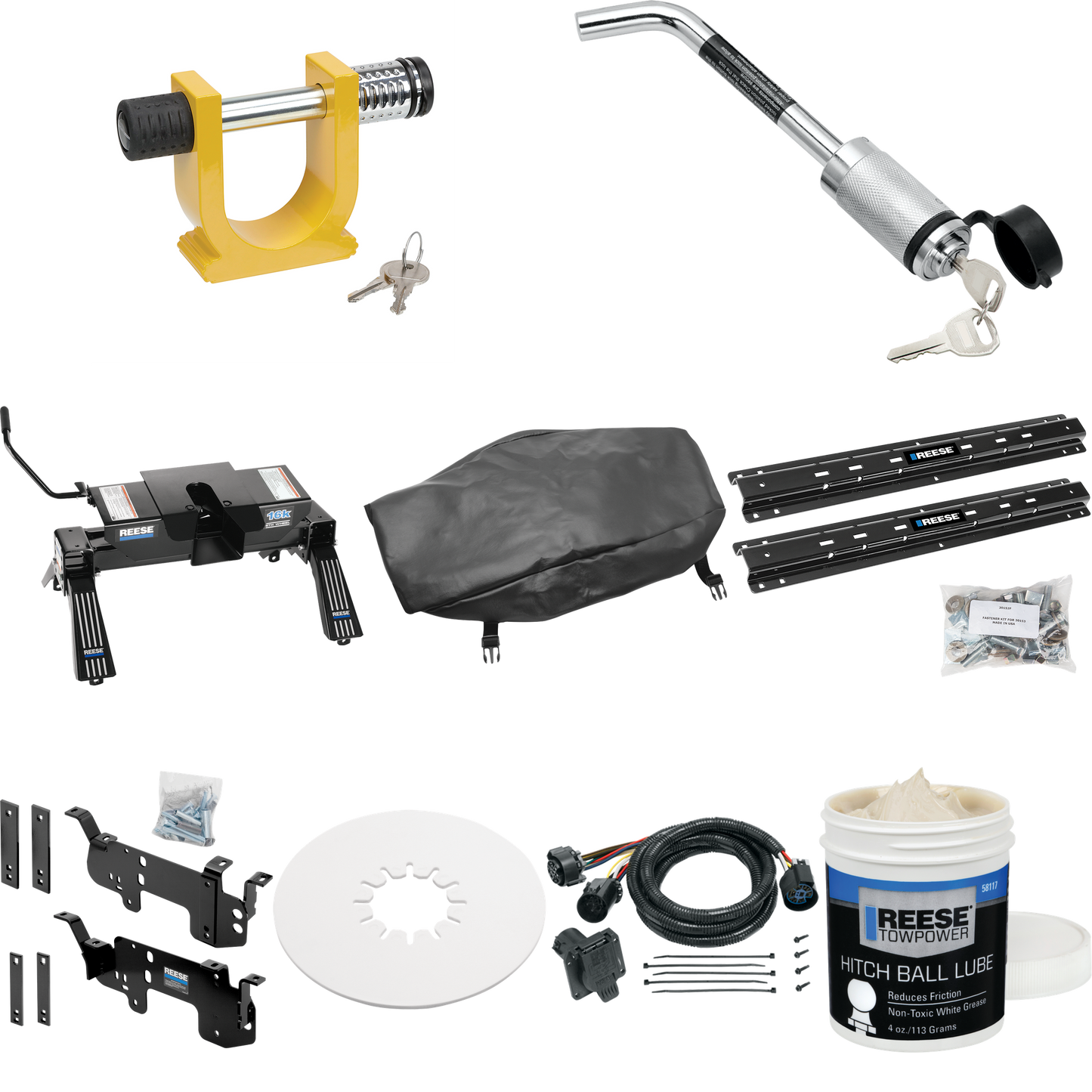 Fits 2011-2012 RAM 3500 Custom Outboard Above Bed Rail Kit + 16K Fifth Wheel + In-Bed Wiring + King Pin Lock + Base Rail Lock + 10" Lube Plate + Fifth Wheel Cover + Lube (For 5'8 or Shorter Bed (Sidewinder Required), w/o Factory Puck System Models) B