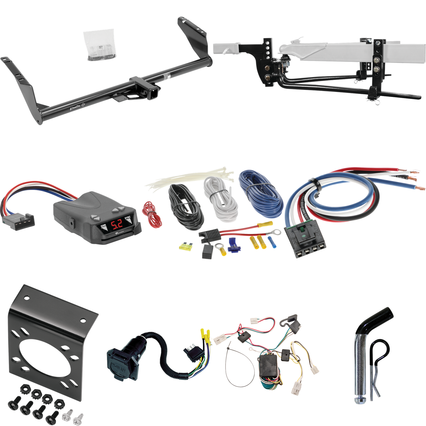 Fits 2004-2010 Toyota Sienna Trailer Hitch Tow PKG w/ 6K Round Bar Weight Distribution Hitch w/ 2-5/16" Ball + Pin/Clip + Tekonsha Brakeman IV Brake Control + Generic BC Wiring Adapter + 7-Way RV Wiring By Draw-Tite