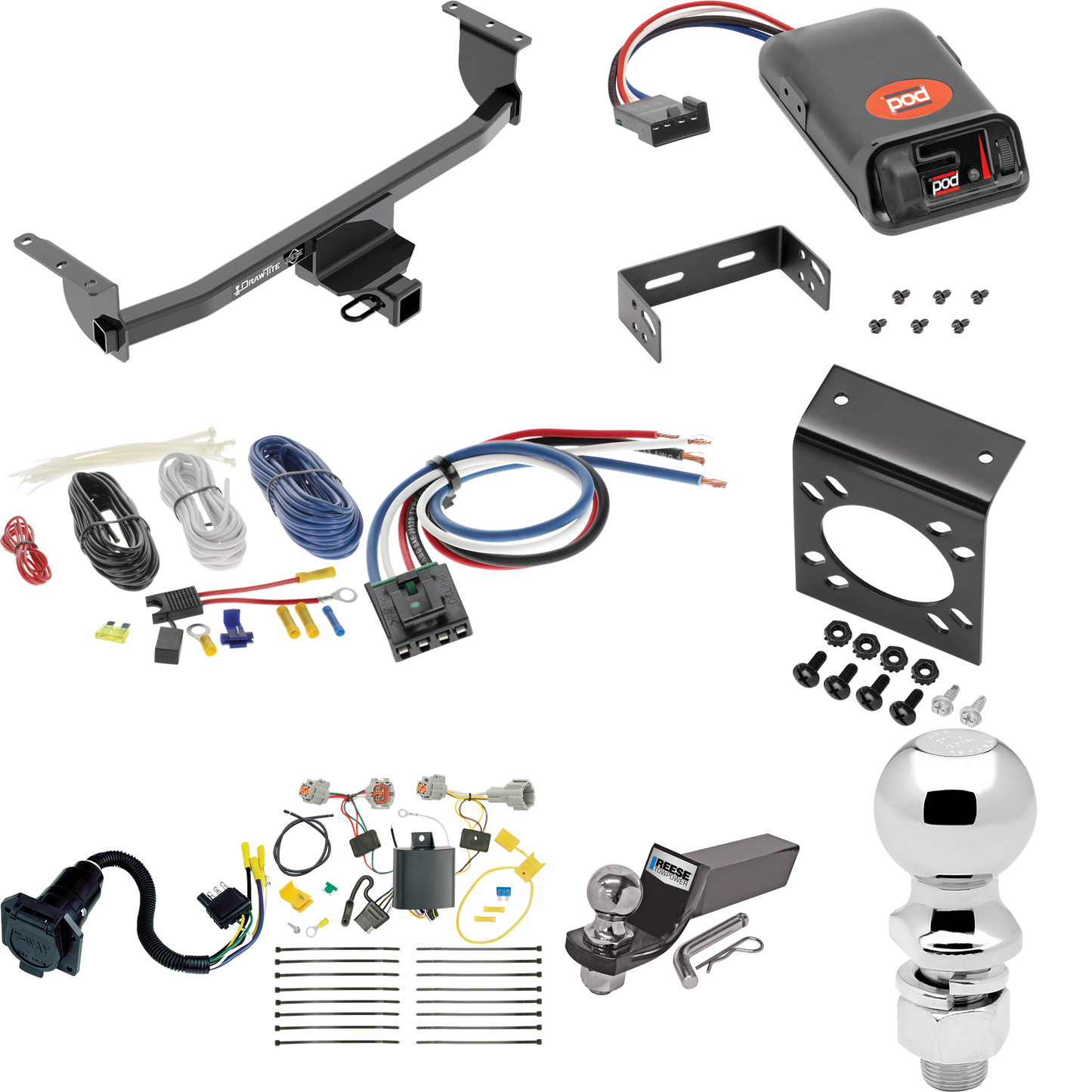 Se adapta al paquete de enganche de remolque Nissan Rogue Sport 2017-2019 con control de freno POD serie Pro + adaptador de cableado BC genérico + cableado RV de 7 vías + soporte de bola y caída de 2" y 2-5/16" de Draw-Tite