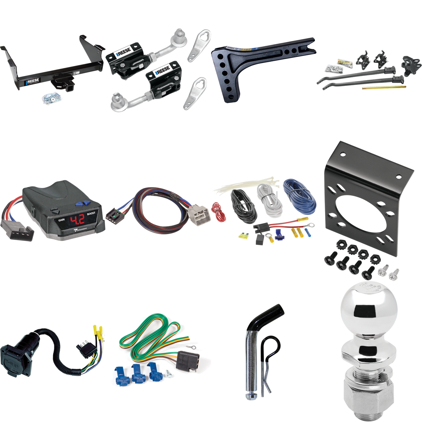 Fits 2011-2012 RAM 2500 Trailer Hitch Tow PKG w/ 15K Trunnion Bar Weight Distribution Hitch + Pin/Clip + Dual Cam Sway Control + 2-5/16" Ball + Tekonsha BRAKE-EVN Brake Control + Plug & Play BC Adapter + 7-Way RV Wiring By Reese Towpower