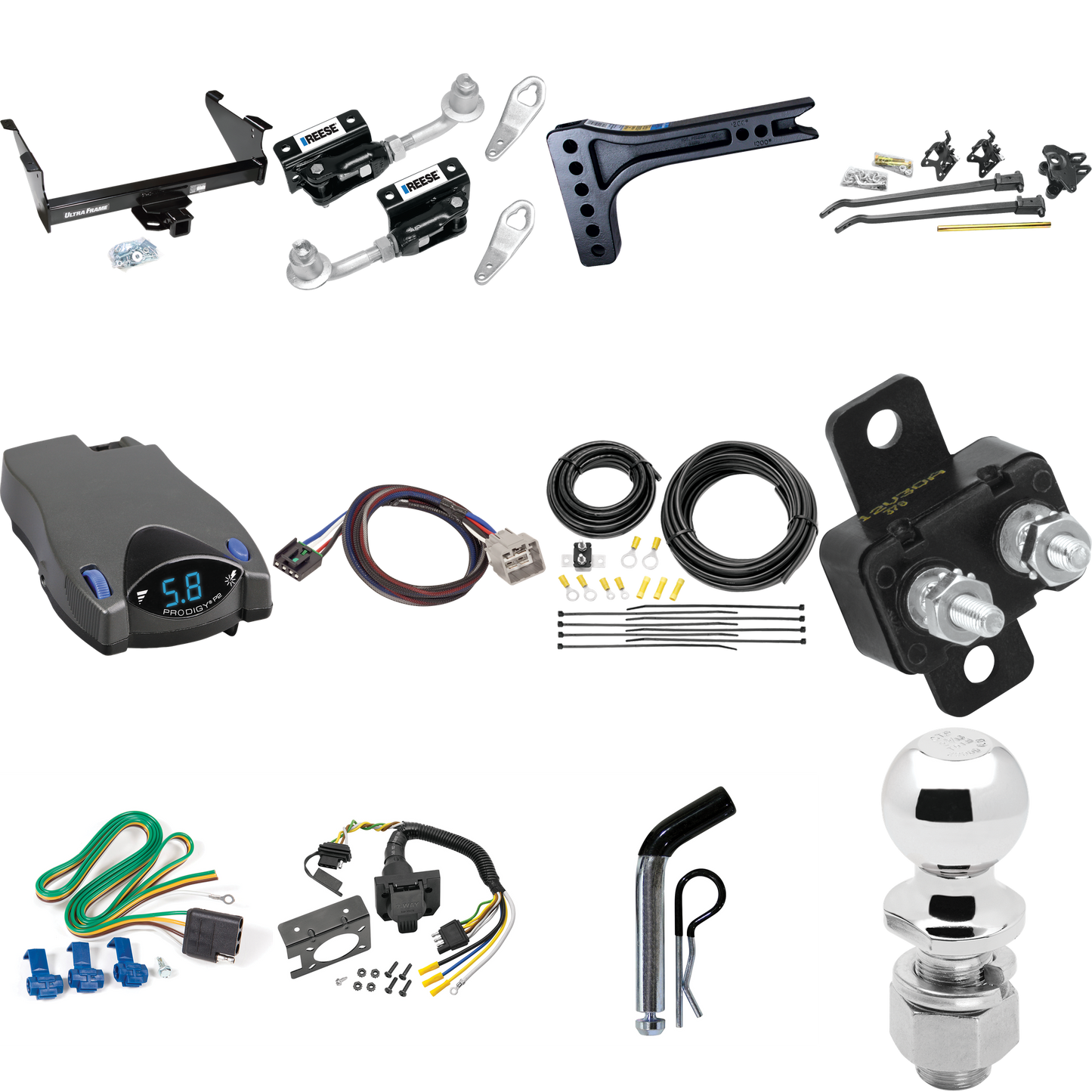 Fits 2010-2010 Dodge Ram 3500 Trailer Hitch Tow PKG w/ 15K Trunnion Bar Weight Distribution Hitch + Pin/Clip + Dual Cam Sway Control + 2-5/16" Ball + Tekonsha Prodigy P2 Brake Control + Plug & Play BC Adapter + 7-Way RV Wiring By Draw-Tite