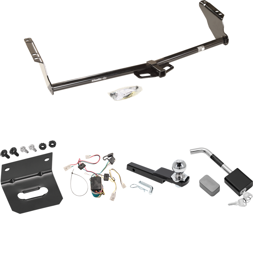 Fits 2004-2010 Toyota Sienna Trailer Hitch Tow PKG w/ 4-Flat Wiring Harness + Interlock Starter Kit w/ 2" Ball 1-1/4" Drop 3/4" Rise + Wiring Bracket + Hitch Lock By Draw-Tite