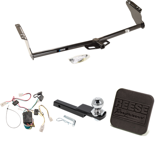 Fits 2004-2010 Toyota Sienna Trailer Hitch Tow PKG w/ 4-Flat Wiring Harness + Interlock Starter Kit w/ 2" Ball 1-1/4" Drop 3/4" Rise + Hitch Cover By Reese Towpower