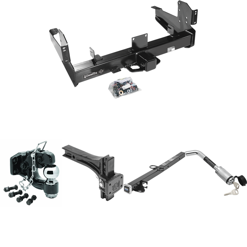 Fits 2003-2010 Dodge Ram 3500 Trailer Hitch Tow PKG w/ 2-1/2" to 2" Adapter 24" Length + Adjustable Pintle Hook Mounting Plate + Pintle Hook & 2-5/16" Ball Combination + Hitch Lock By Draw-Tite