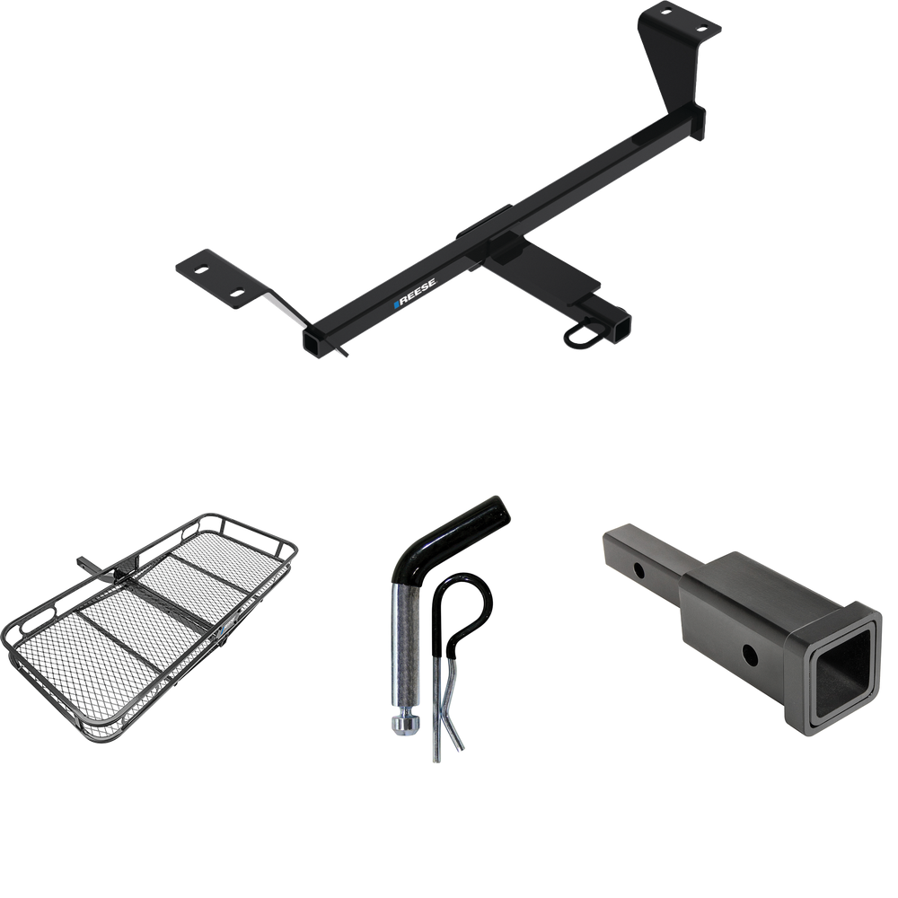 Fits 2020-2022 Nissan Sentra Trailer Hitch Tow PKG w/ Hitch Adapter 1-1/4" to 2" Receiver + 1/2" Pin & Clip + 60" x 24" Cargo Carrier Rack (Excludes: S Models) By Reese Towpower