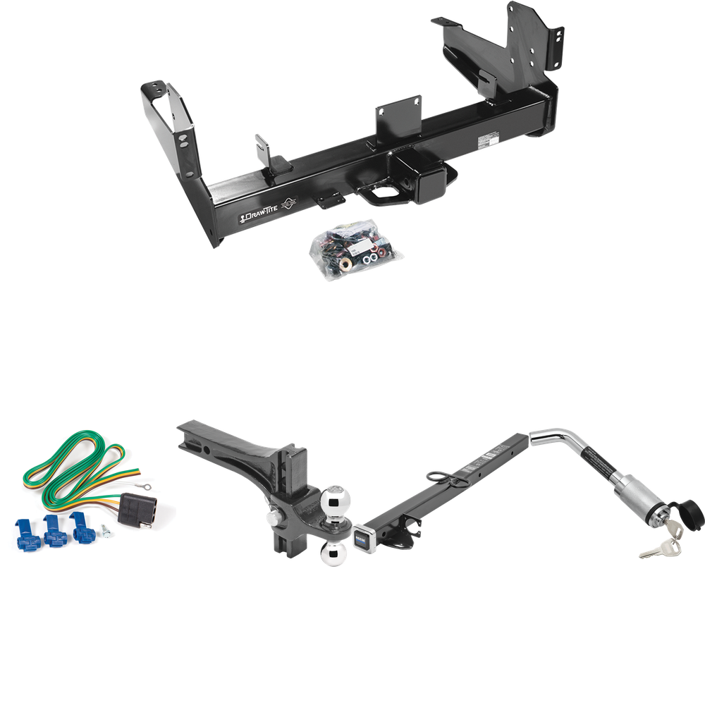 Fits 2003-2010 Dodge Ram 2500 Trailer Hitch Tow PKG w/ 4-Flat Wiring Harness + 2-1/2" to 2" Adapter 24" Length + Adjustable Drop Rise Dual Ball Ball Mount 2" & 2-5/16" Trailer Balls + Hitch Lock By Draw-Tite