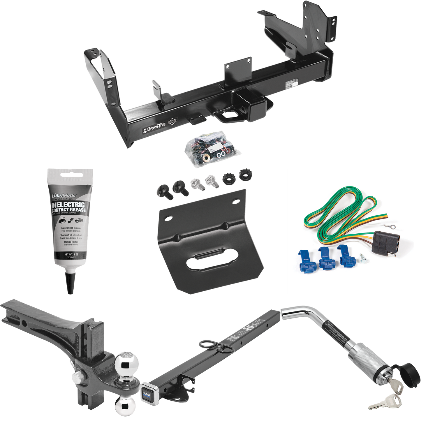 Fits 2003-2010 Dodge Ram 2500 Trailer Hitch Tow PKG w/ 4-Flat Wiring Harness + 2-1/2" to 2" Adapter 24" Length + Adjustable Drop Rise Dual Ball Ball Mount 2" & 2-5/16" Trailer Balls + Hitch Lock + Wiring Bracket + Electric Grease By Draw-Tite